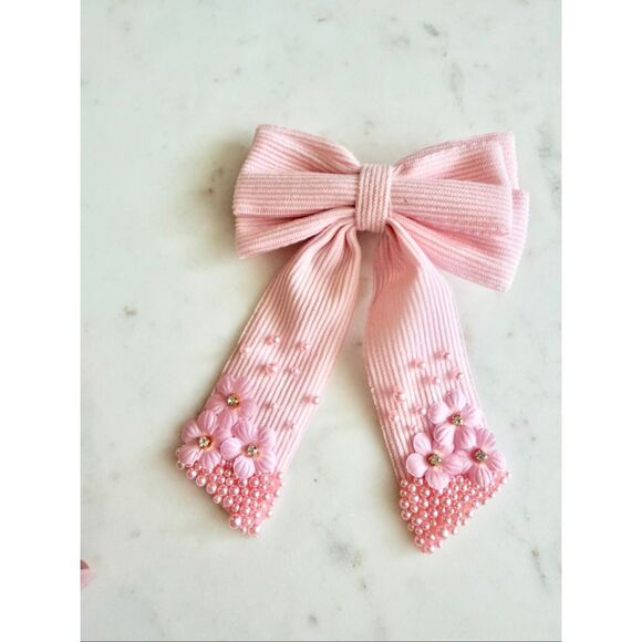No Brand Accessories - Light pink Pearl Floral Ribbon Hair Bow Clip | Romantic Bridal Coquette